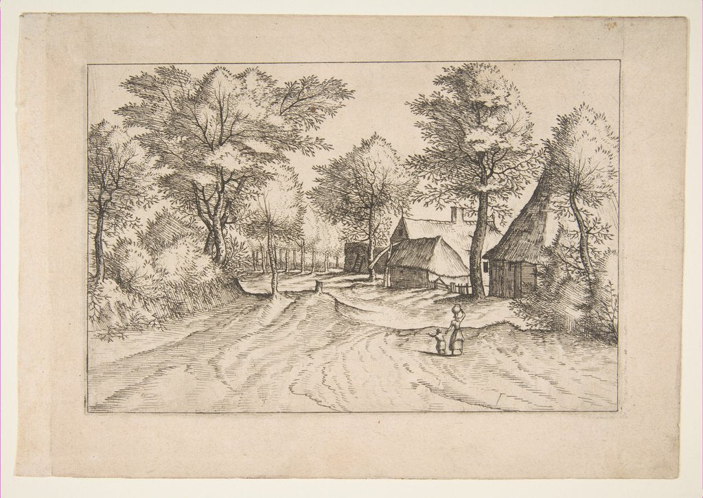 Detail of Village Road with a Farm and Sheds, from the series, The Small Landscape by Johannes van Doetecum I