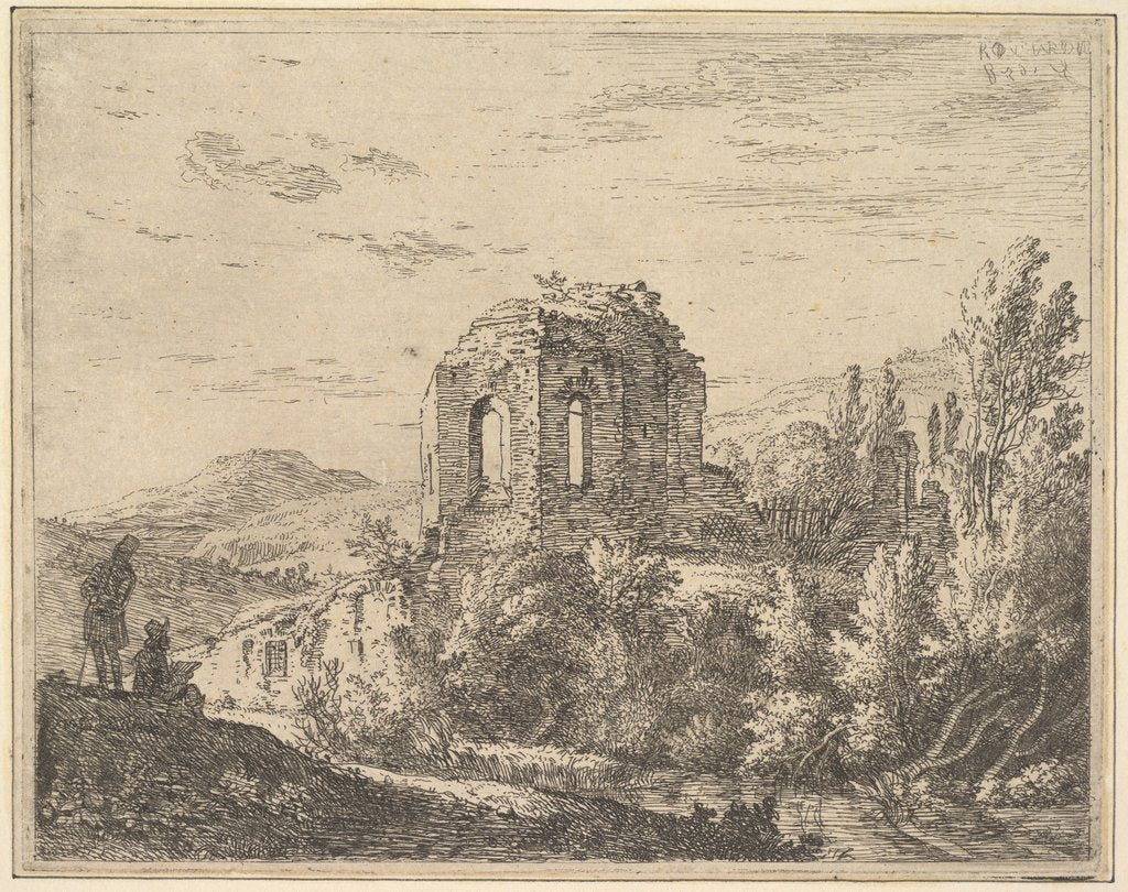 Detail of View of ruins showing the corner of a building with two arched windows, in a landscape wit…, 1658 by Karel Du Jardin