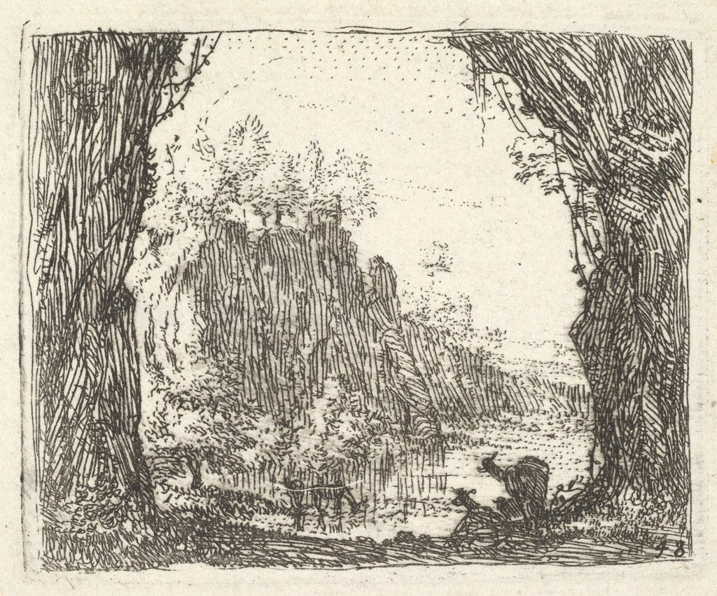 Detail of Landscape flanked by trees in the left and right foreground, silhouettes of two goa…, ca. 1641-78 by Karel Du Jardin