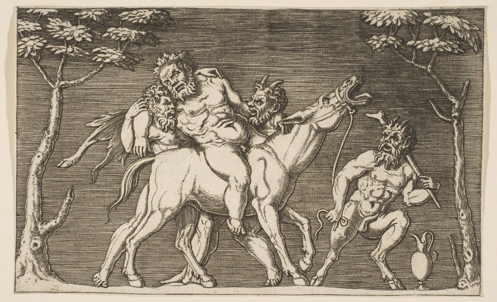 Detail of Two satyrs placing Silenus on a braying mule and a third satyr at right, ca. 1515-27 by Marco Dente (attributed to)