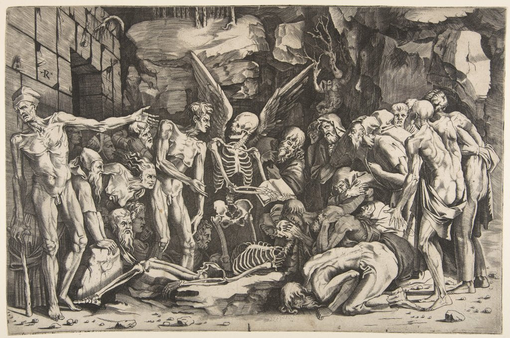 Detail of The Skeletons, a group of emaciated men and women gathered around a skeleton laid on th…, 1515-27 by Marco Dente