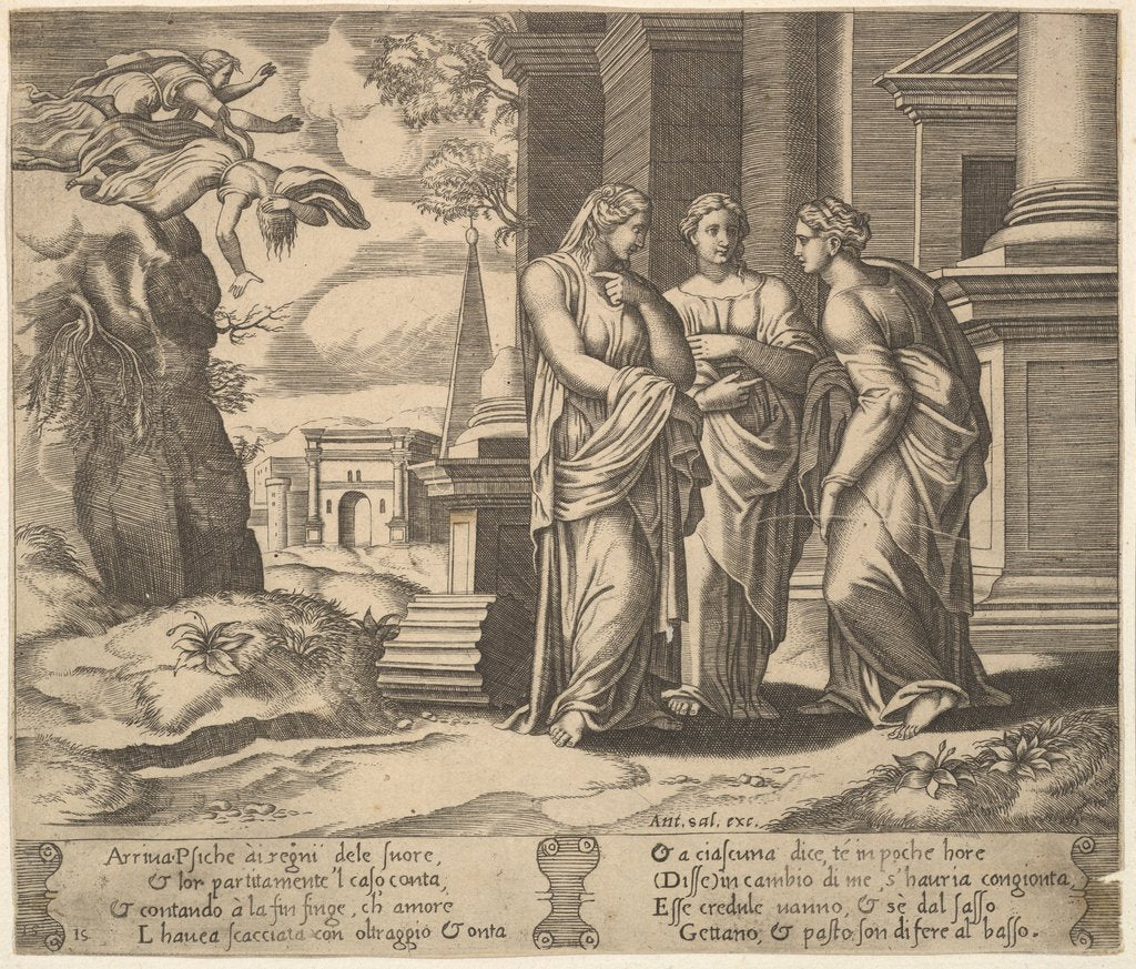 Detail of Plate 15: Psyche relating her misfortunes to her sisters, from The Fable of Psyche, 1530-60 by Master of the Die