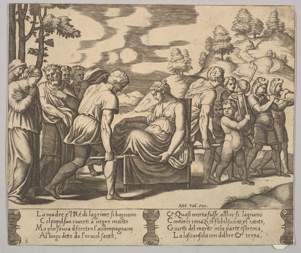 Detail of Plate 5: Psyche carried on a litter to a mountain, from 'The Fable of Psyche', 1530-60 by Master of the Die