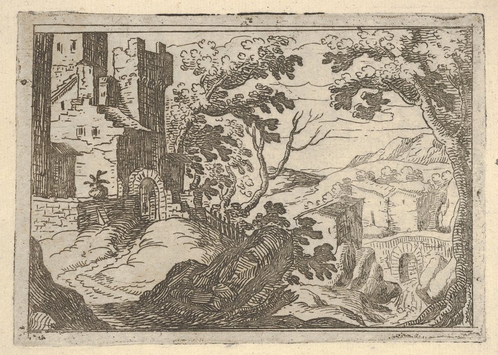 Detail of Landscape with buildings to the left and a bridge at right below, ca. 1620-50 by Remigio Cantagallina