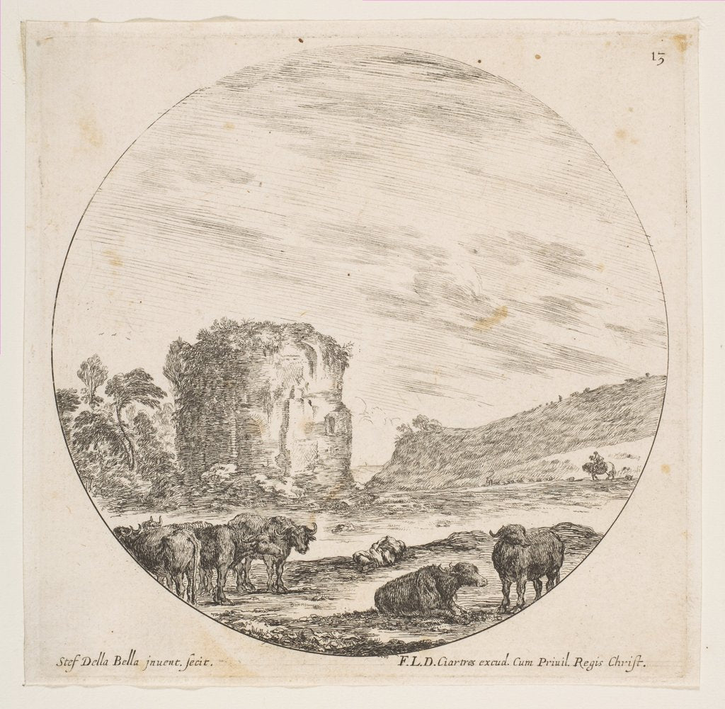 Detail of Plate 13: ruins of a temple in a Roman landscape, from 'Roman landscapes and ruins by Stefano della Bella