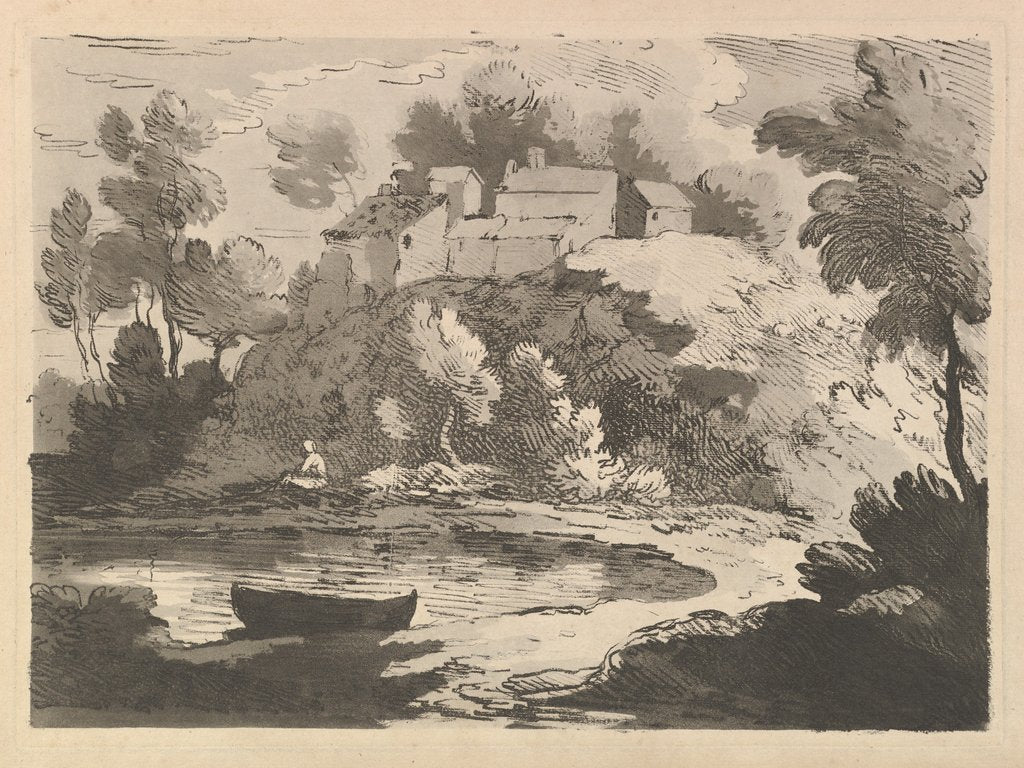 Detail of Hilly River Landscape, a Boat in the Water at Foreground Left, a Figure on the Far Shor…, 1783-84 by Thomas Rowlandson