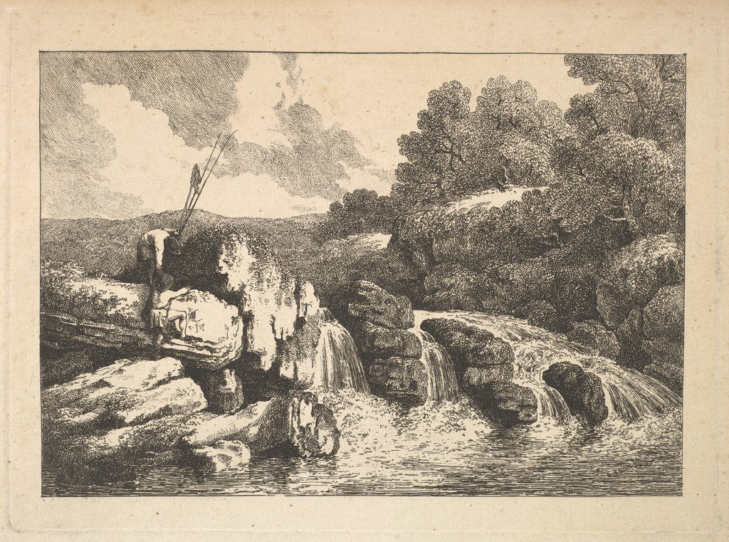 Detail of Landscape with Two Fishermen Climbing Rocks Next to a Waterfall, 1784-88 by Thomas Rowlandson