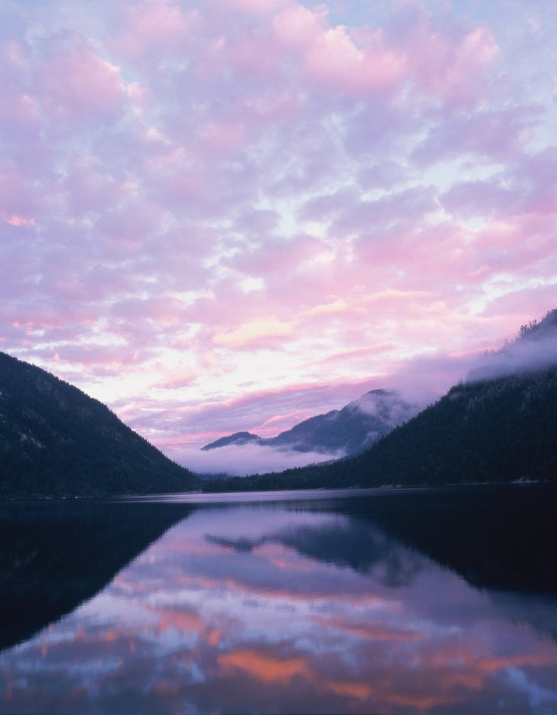 Detail of Lake and misty mountains at sunset, Allgau, Germany by Corbis