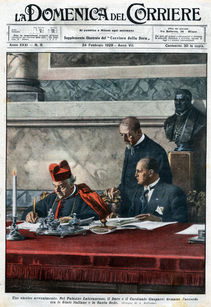 Detail of Illustration of Benito Mussolini and Cardinal Pietro Gasparri Signing the Lateran Treaty of 1929 by Corbis