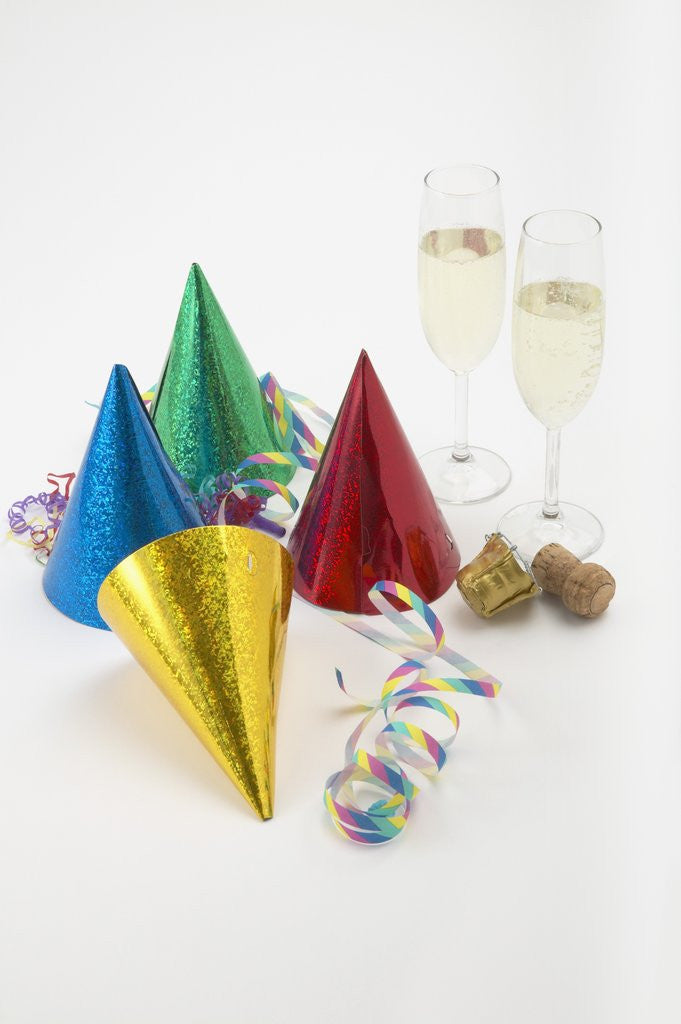 Detail of Party Hats, Streamers and Champagne by Corbis