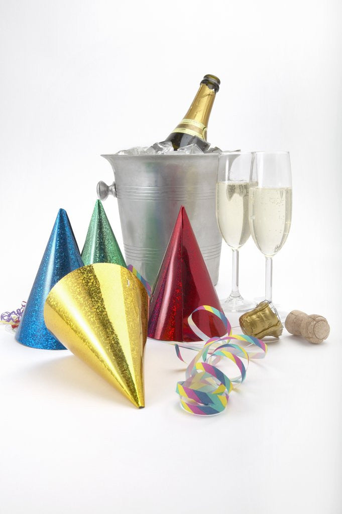 Detail of Party Hats, Streamers and Champagne by Corbis