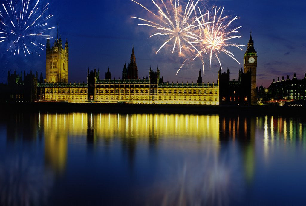 Detail of Fireworks exploding over the Houses of Parliament and the river Thames, London, England by Corbis