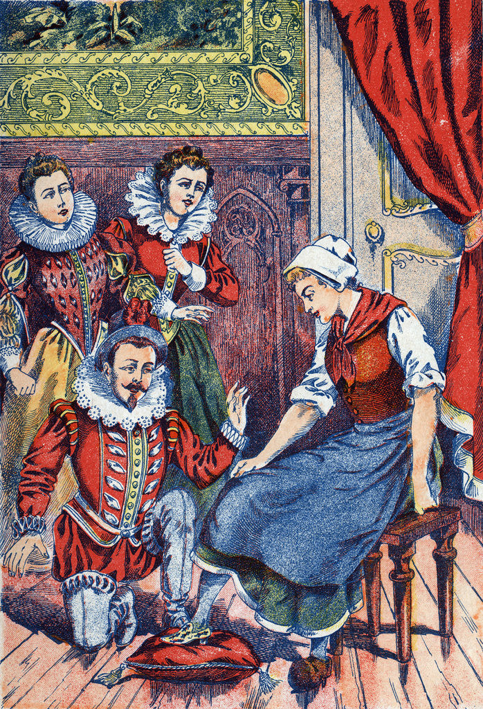 Detail of Illustration of Cinderella Trying on the Glass Slipper by Corbis