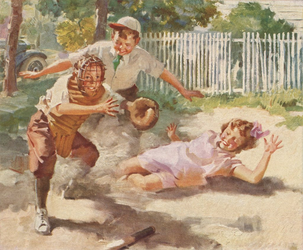 Detail of Illustration of Children Playing Baseball by Corbis