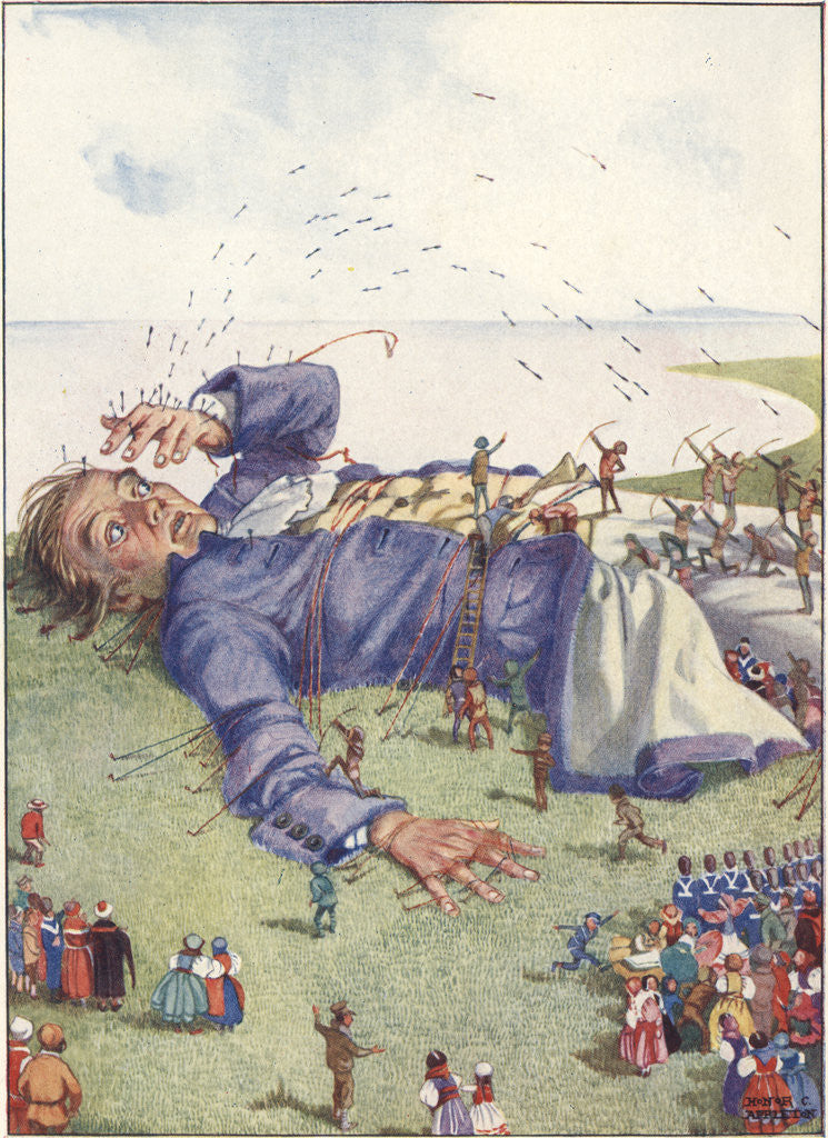 Detail of Illustration of Lilliputians Attacking Gulliver by Honor C. Appleton