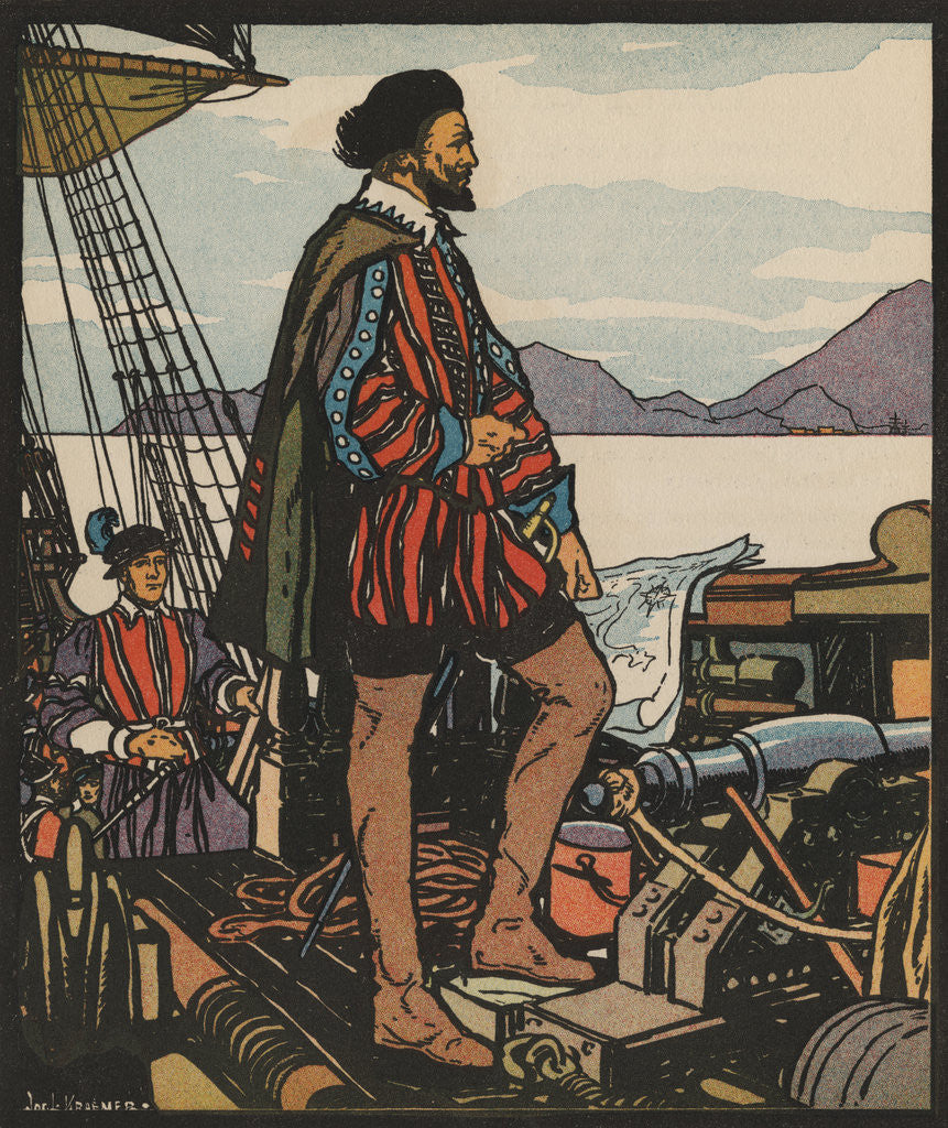 Detail of Illustration of Sir Francis Drake on Ship Deck by J.L. Kraemer