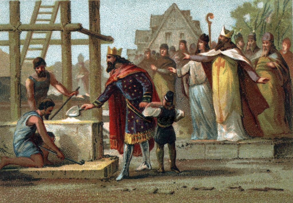 Detail of Illustration of King Dagobert at the Foundation of the Abbey of St. Denis by Corbis