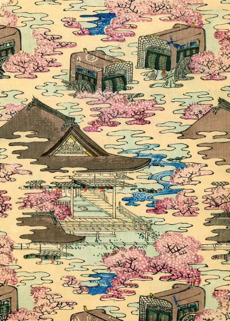 Detail of Illustration of Pink and Blue Landscape with Houses by Corbis