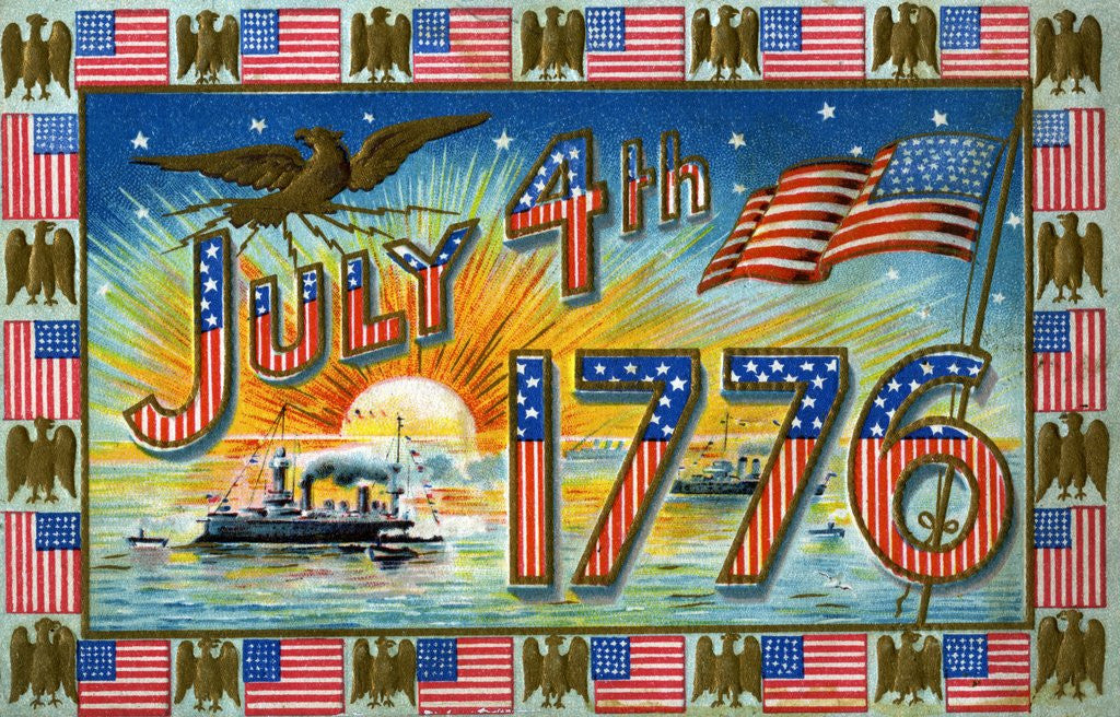 Detail of July 4th 1776 Postcard with Military Ships at Sunrise by Corbis