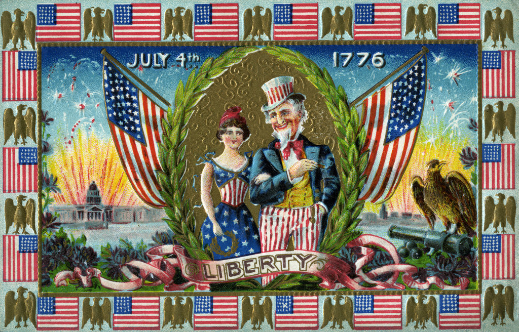 Detail of July 4th 1776 Postcard with Uncle Sam and Lady Liberty by Corbis