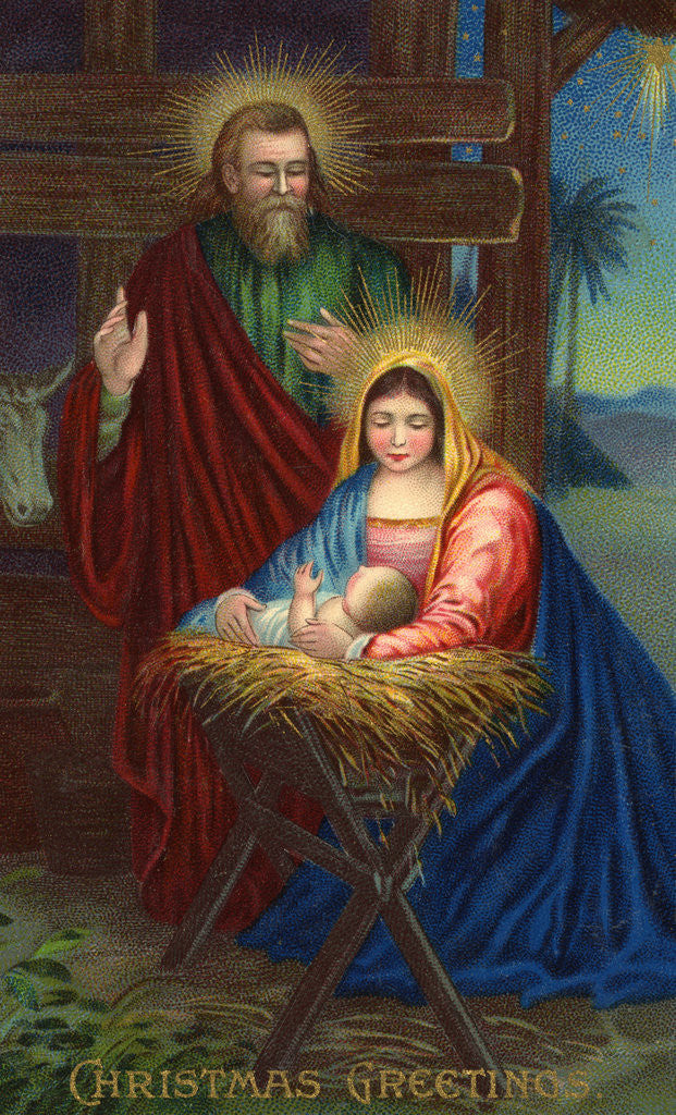 Detail of Christmas Greetings Postcard with Holy Family by Corbis