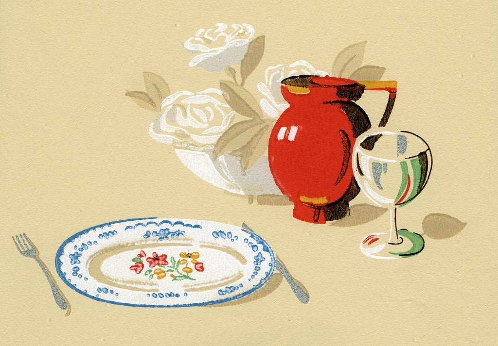 Detail of Lithograph of Place Setting with Pitcher and Wine Glass by Corbis