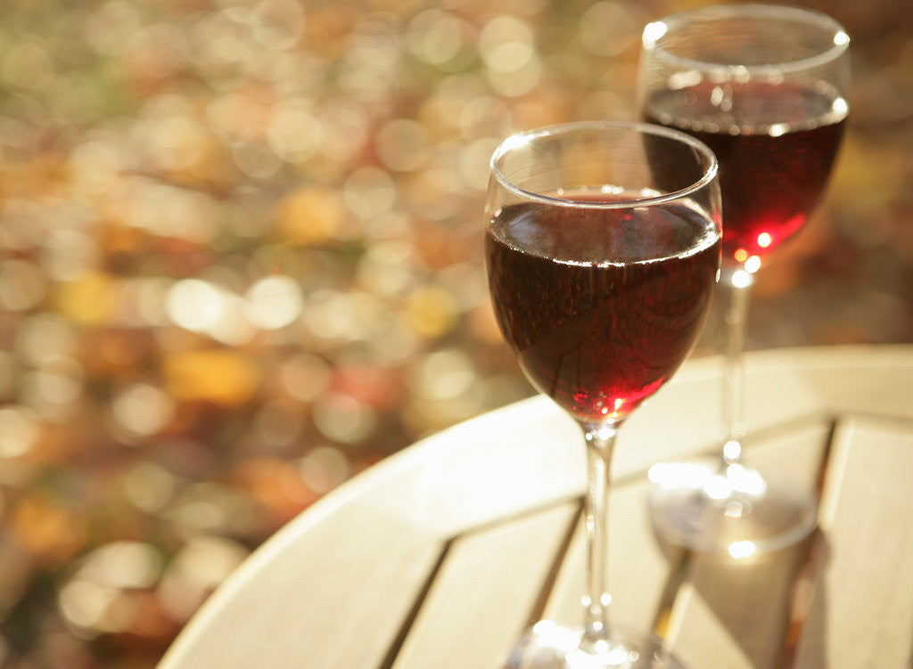 Detail of Two Glasses of Red Wine on Garden Table by Corbis