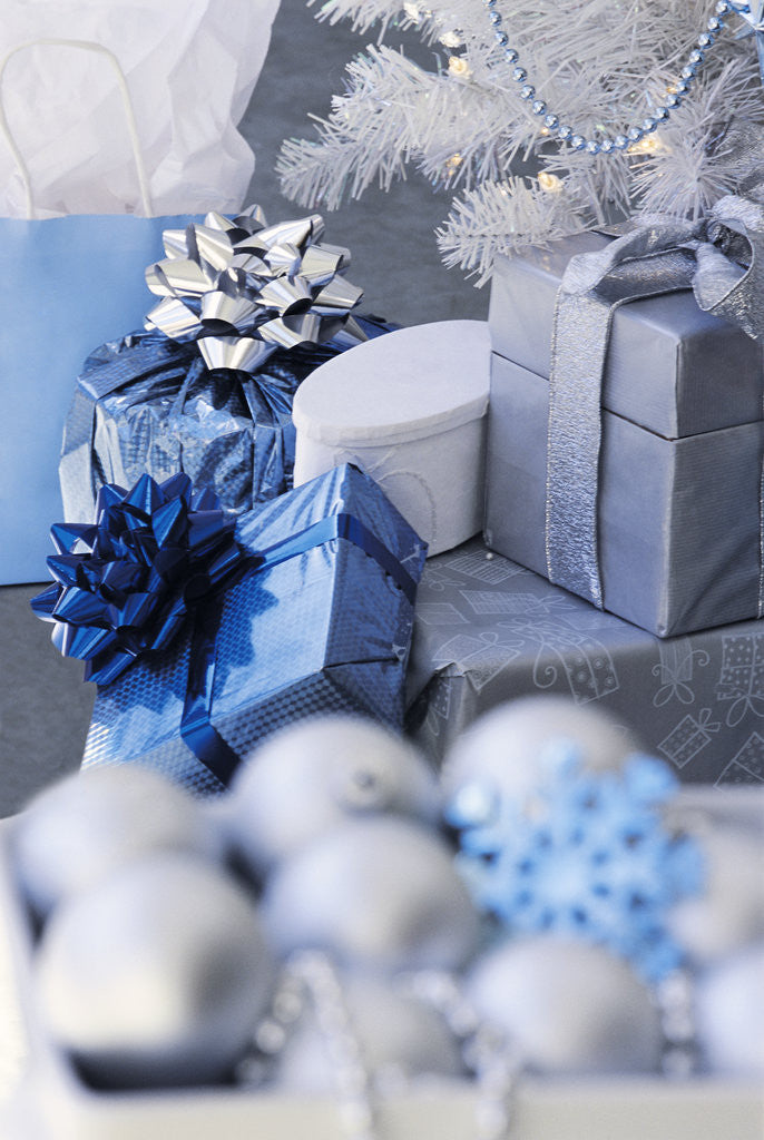 Detail of Pile of blue and silver gifts by Corbis