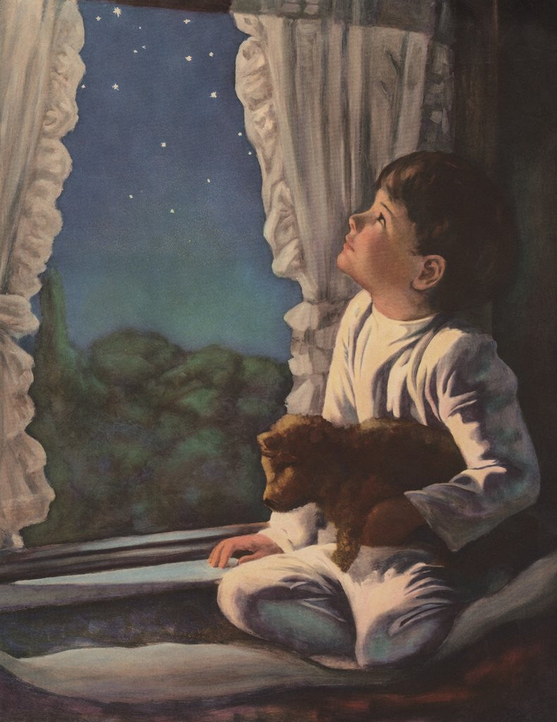 Detail of Illustration of Boy Looking at Night Sky by Corbis