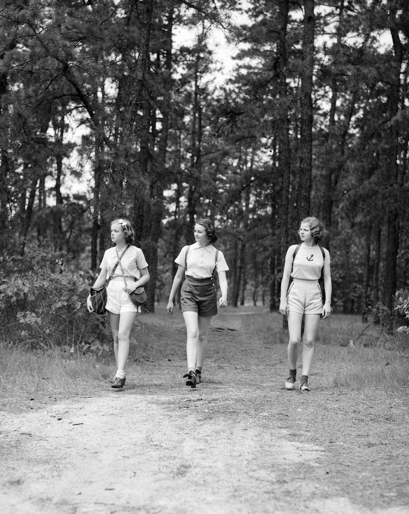 Detail of 1940s Three Young Women Walking In Woods Hiking by Corbis