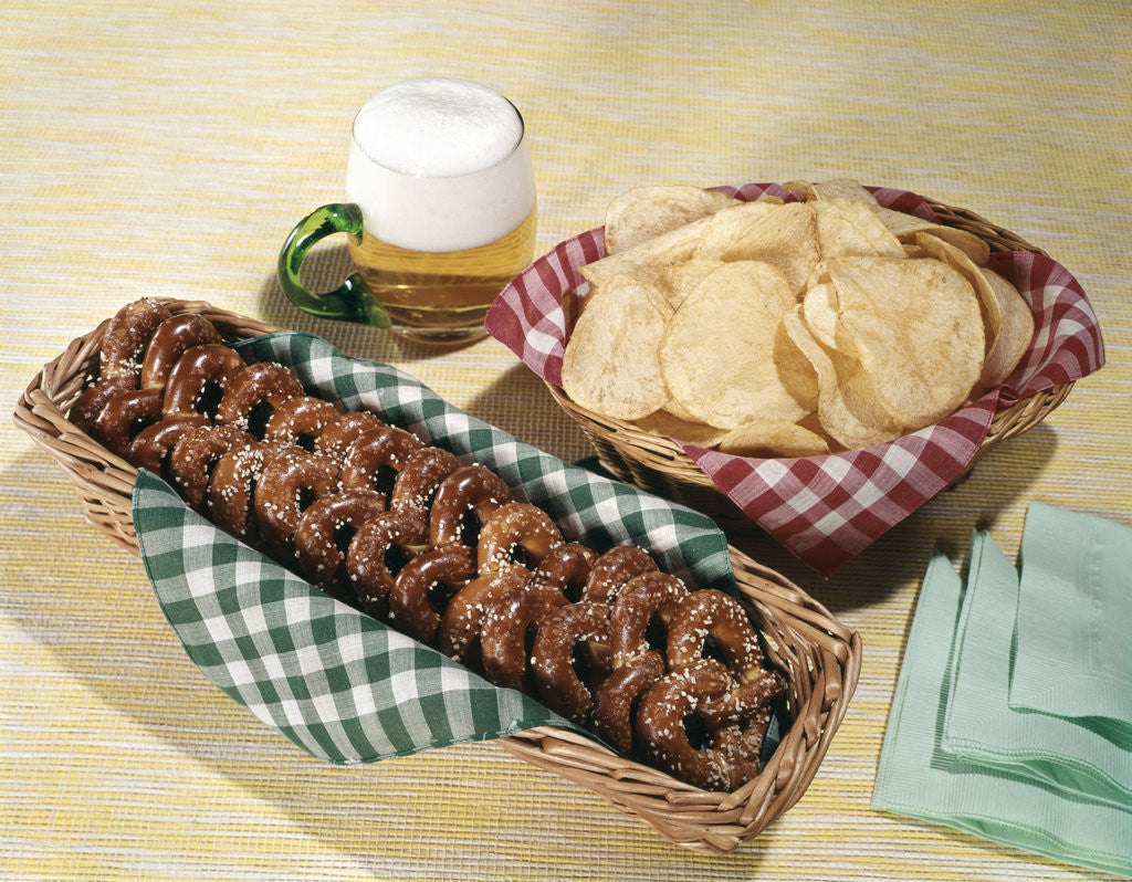 Detail of 1960s Mug Beer Baskets Chips Pretzels by Corbis