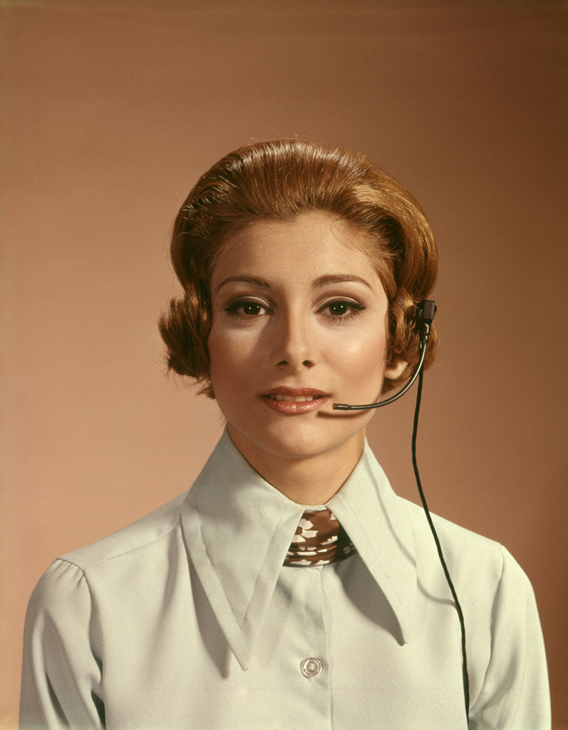 Detail of 1960s 1970s Portrait Woman Telephone Operator Receptionist Office Worker Wearing Headset by Corbis