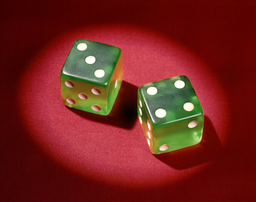 Detail of 1960s Lucky 7 Green Dice Showing Number 4 Four And 3 Three Symbolic Winner by Corbis