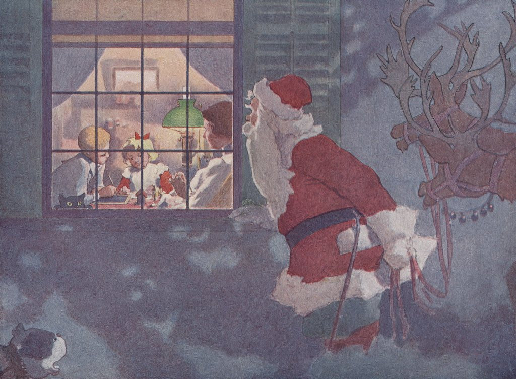 Detail of Illustration of Santa Looking in Window at Family by E. Boyd Smith