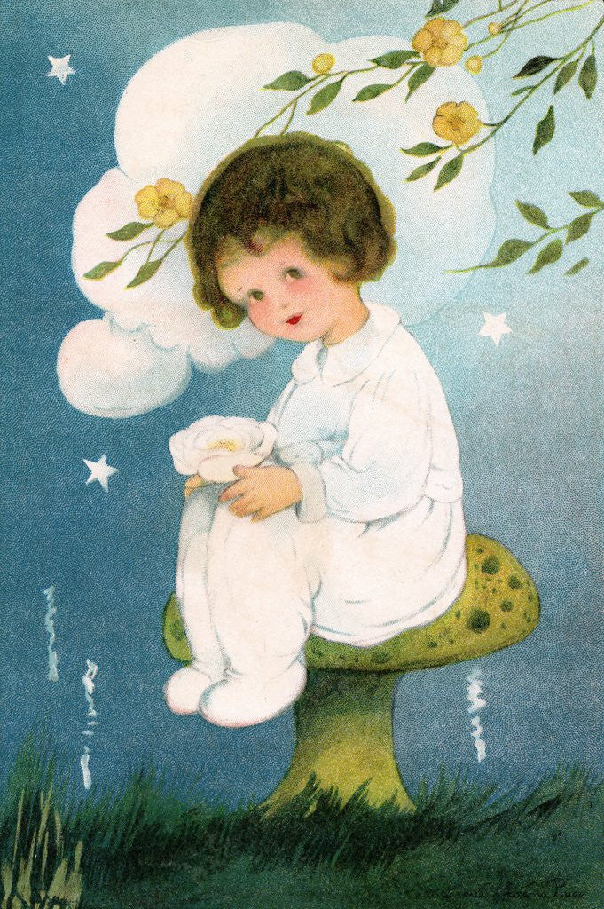 Detail of Illustration of Girl Sitting on Mushroom by Margaret Evans Price