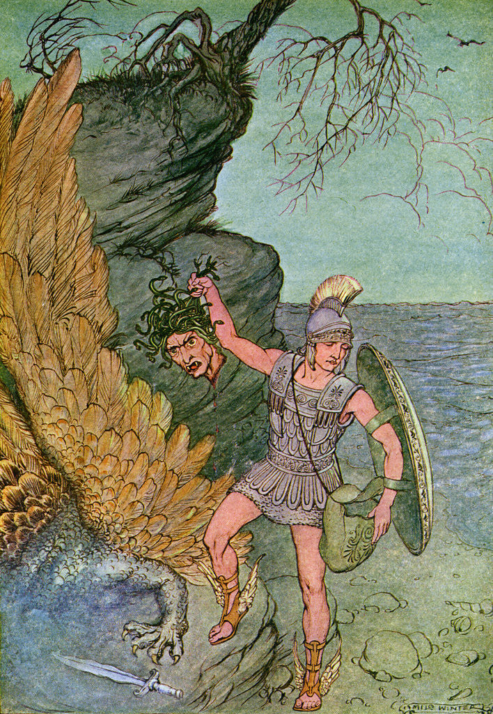 Detail of Illustration of Perseus Holding Head of Medusa by Milo Winter