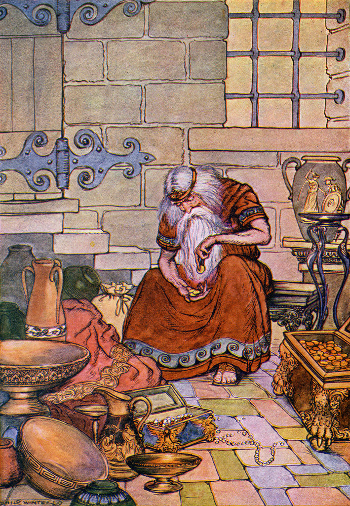 Detail of Illustration of King Midas Counting Gold in His Treasure Room by Milo Winter