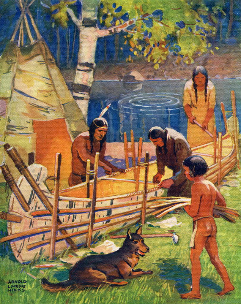 Detail of Illustration of Native Americans making canoe by Arnold Lorne Hicks