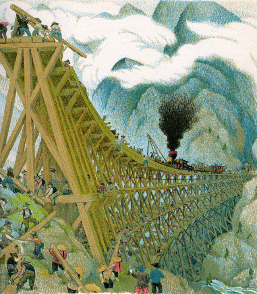 Detail of Illustration of Building of Transcontinental Railroad by C.H. DeWitt