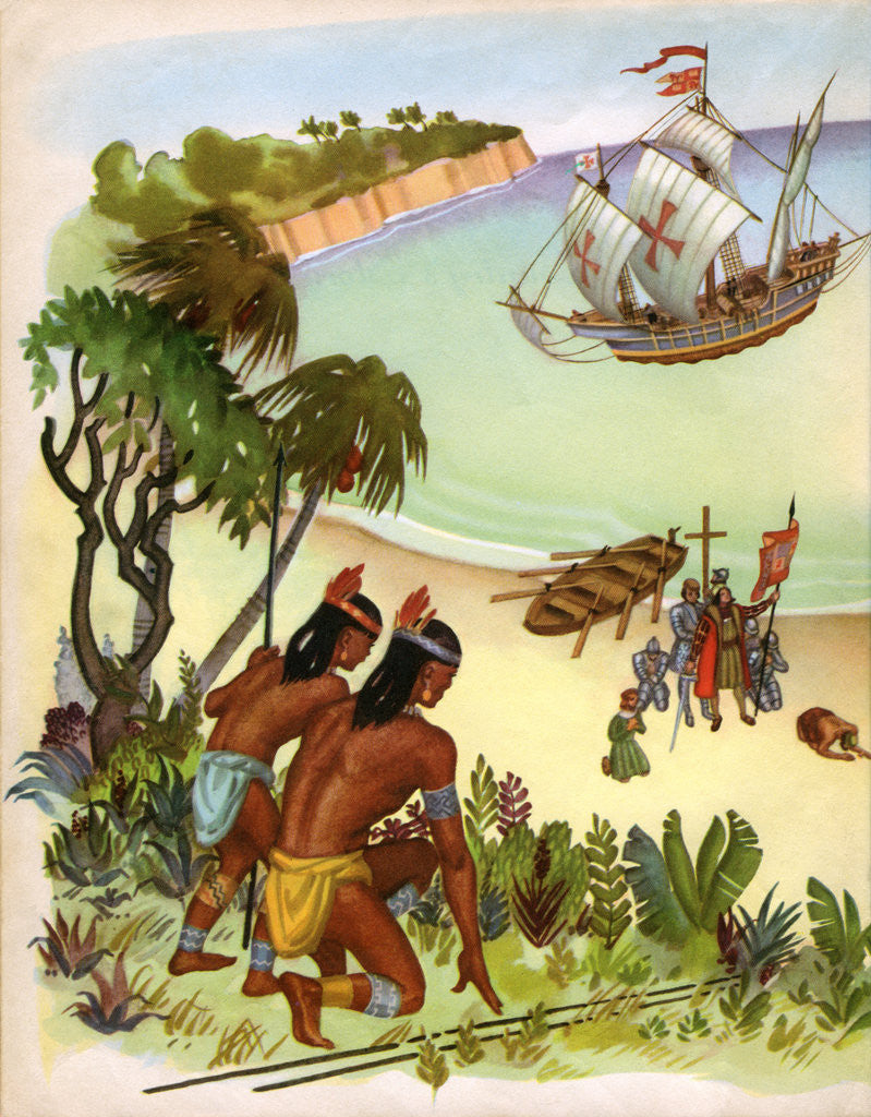 Detail of Illustration of the arrival of Columbus in the New World by Janice Holland