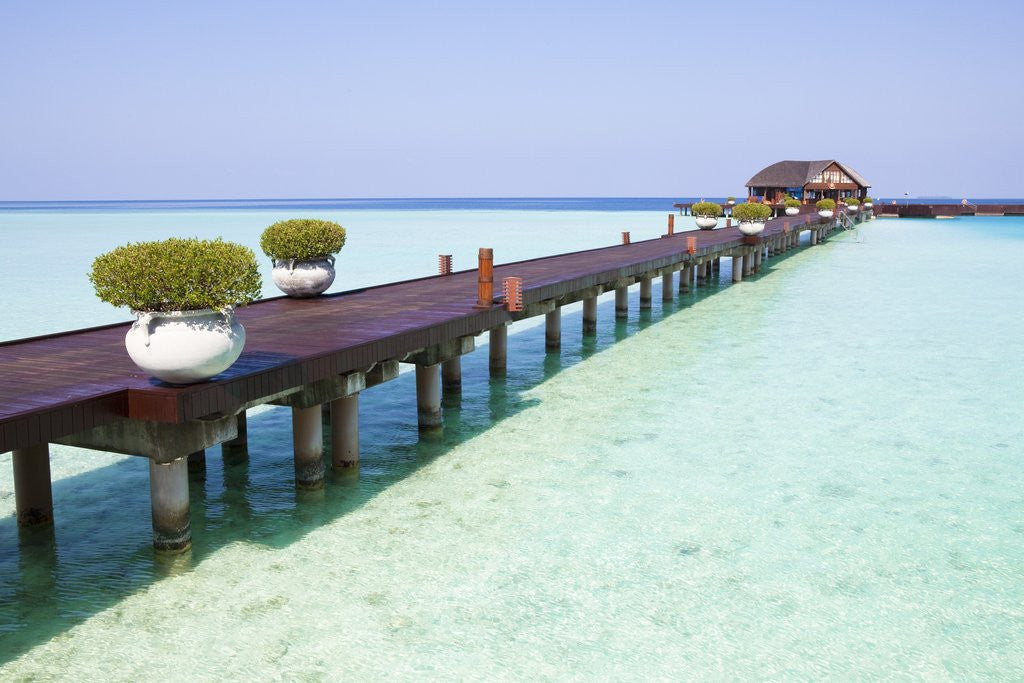 Detail of Boardwalk and bungalow by a lagoon in the Maldives by Corbis