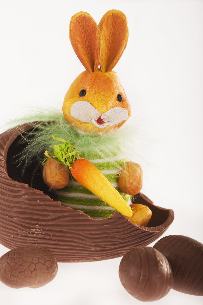 Detail of Toy bunny in hollow chocolate egg by Corbis