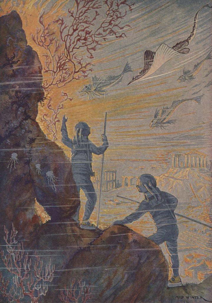 Detail of Illustration of divers discovering lost city by Corbis