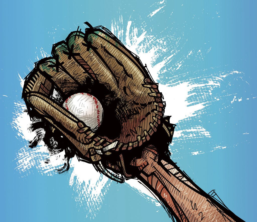 Detail of Baseball glove with base ball by Corbis