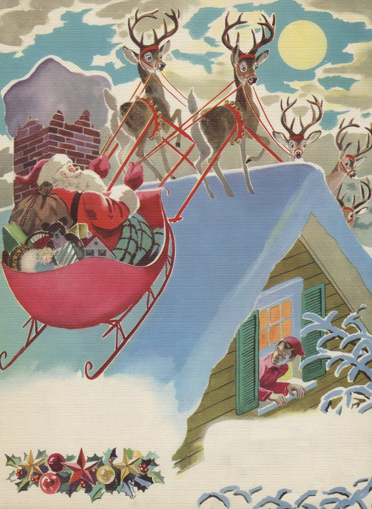 Detail of Santa Claus on roof with reindeer and sleigh by Corbis