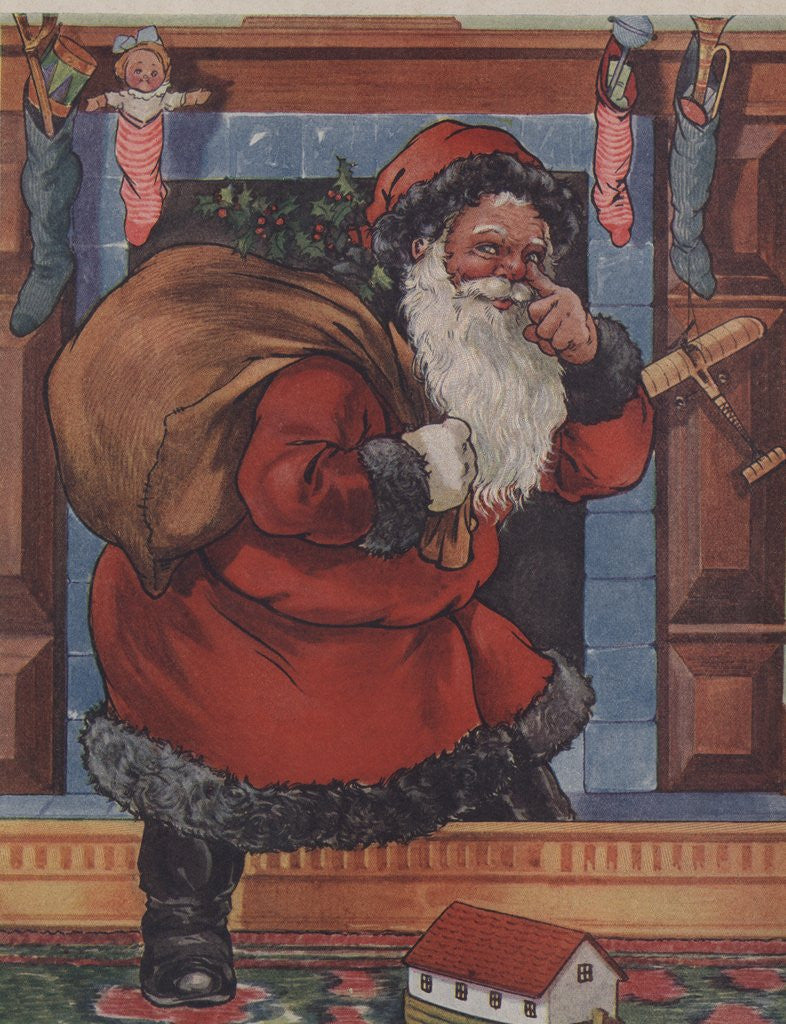 Detail of Santa Claus touching his nose on way up chimney by Corbis