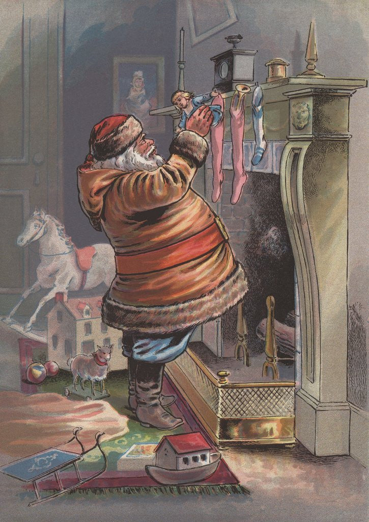 Detail of Santa Claus filling Christmas stockings by Corbis