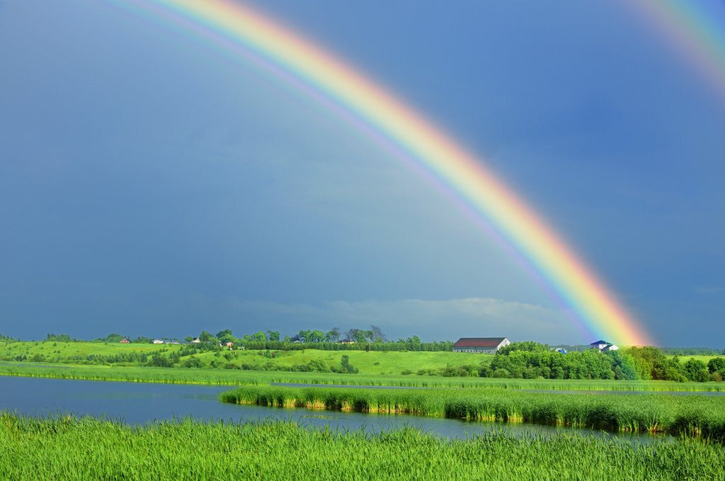 Detail of Double rainbow over lake and rural landscape by Corbis