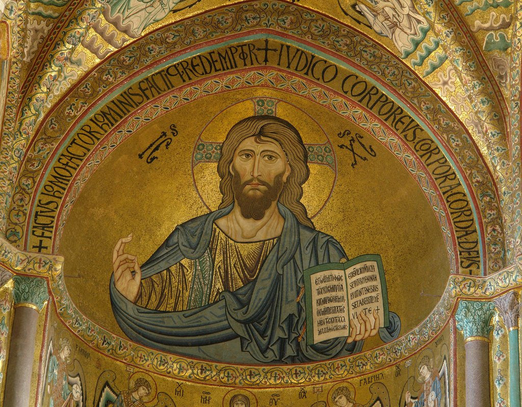 Detail of Christ Pantocrator mosaic at Cathedral of Cefalu by Corbis