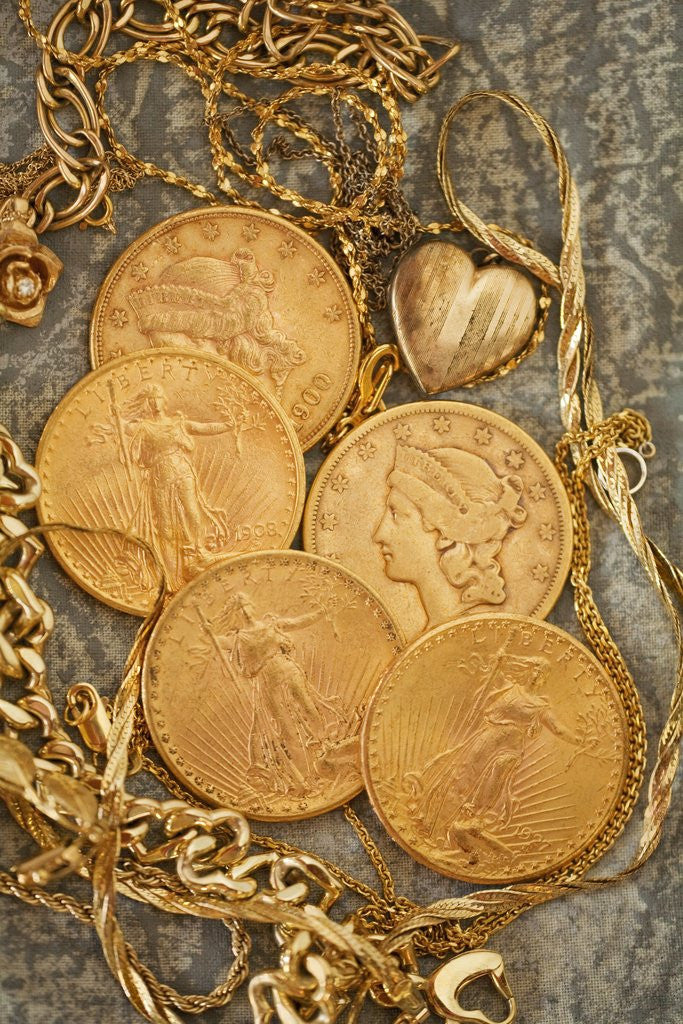 Detail of Liberty dollars and gold jewelry by Corbis